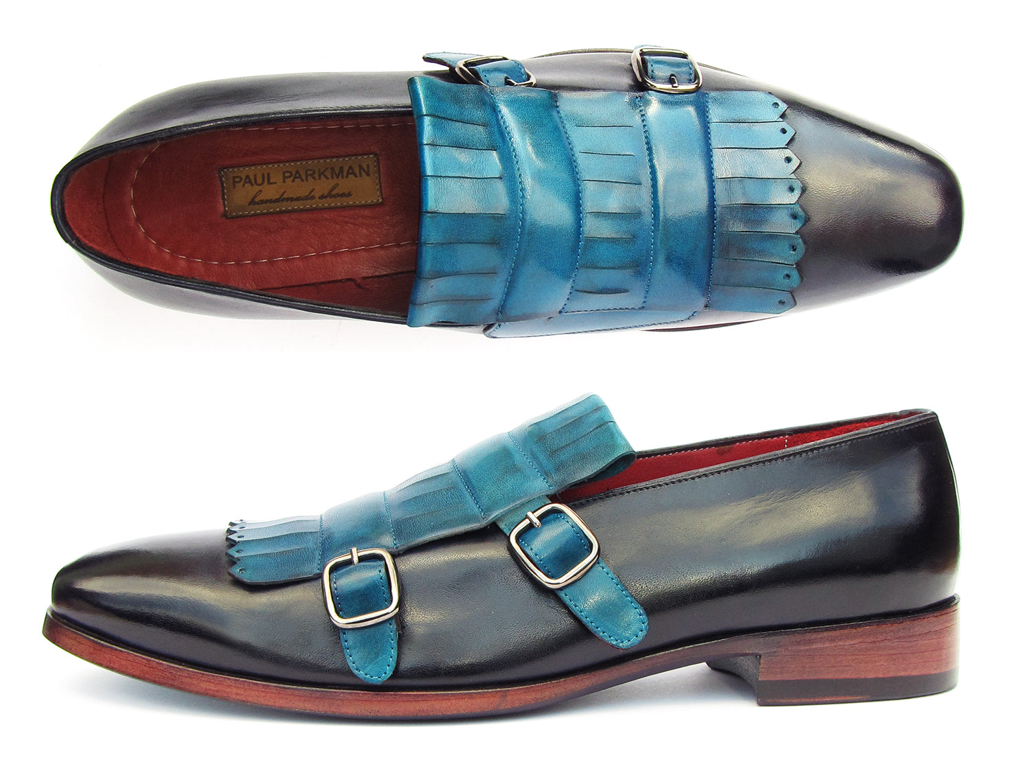 Paul Parkman Men's Blue & Navy Kiltie Double Monkstraps featuring hand-painted calfskin and turquoise leather sole.